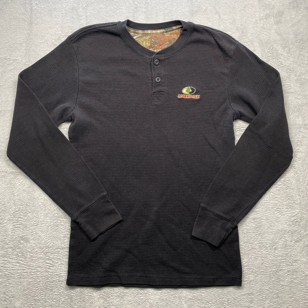 Mossy Oak Henley Thermal Shirt Men Small Black Waffle Knit Long Sleeve Camo Trim